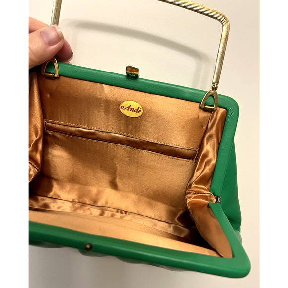 Vintage MCM ANDE' Green Leather Evening Bag w/ Gold Brass Handle & Snap Closure - Picture 2 of 3